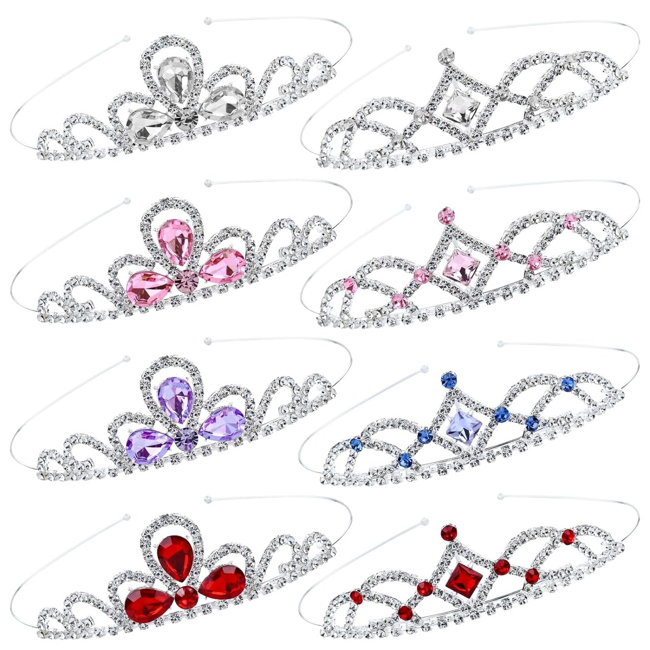 8 Pieces Princess Colorful Dazzling Crystal Rhinestone Silver Metal Tiara Crown Headbands Wedding Birthday Party Prom Headpieces Hair Styling Accessories